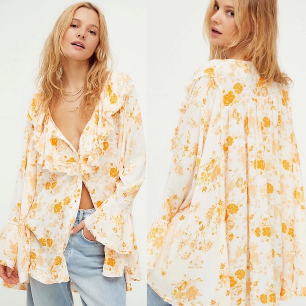 Free People Floral Loretta Bell Sleeve Blouse XS White‎ Festival Indie Sleaze